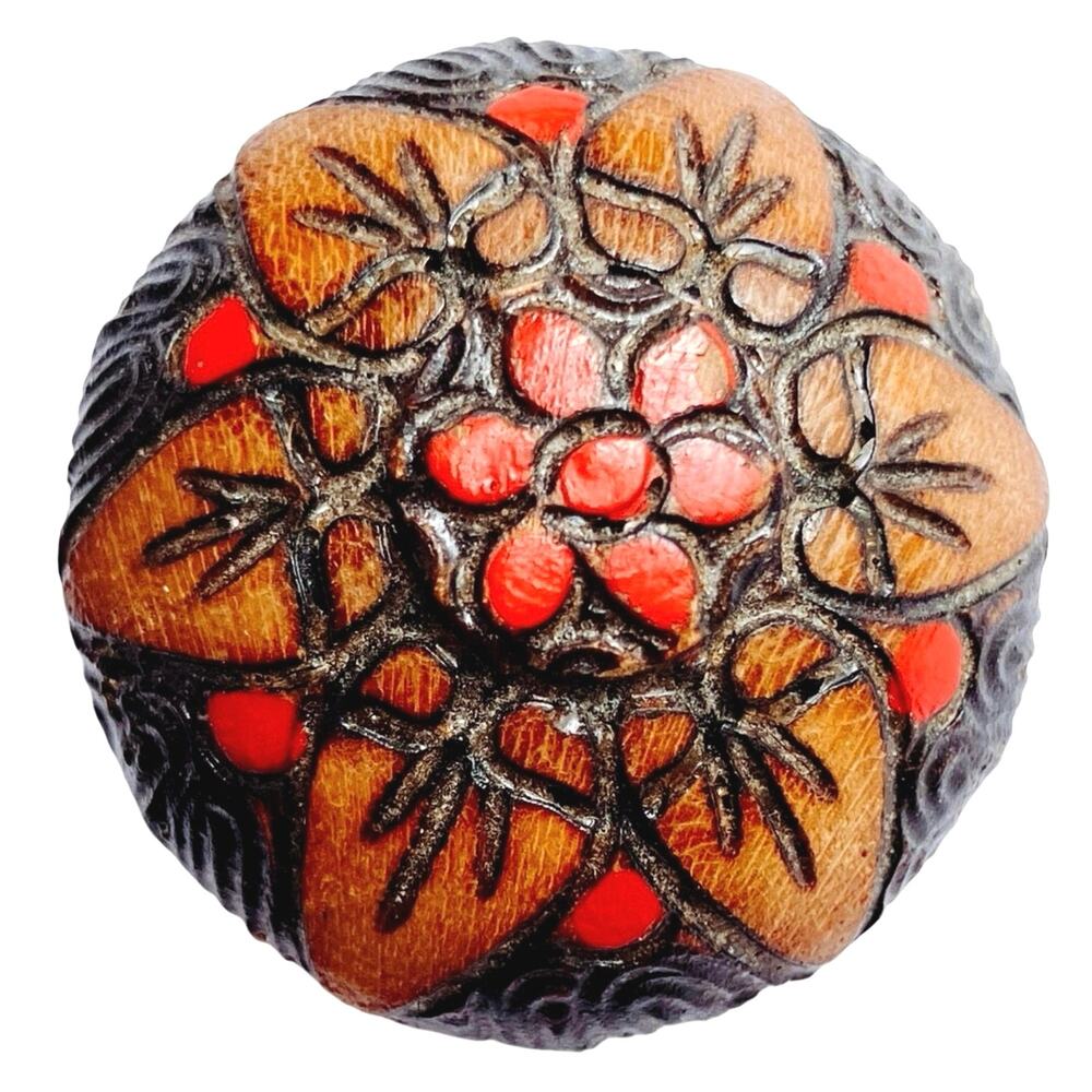 VTG Mid Century Brooch Carved Painted Wood Floral Souvenir Pin Japan?